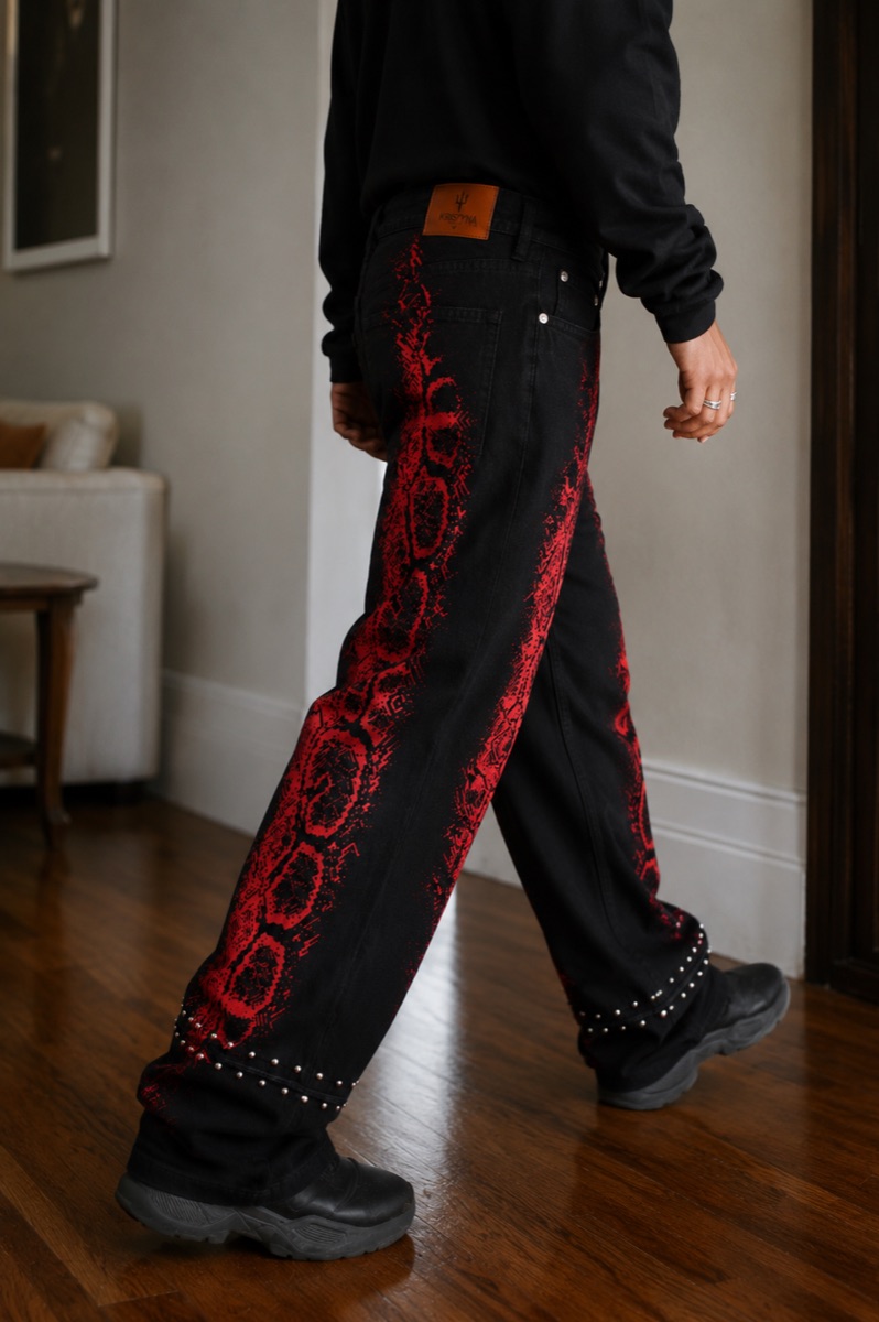 Red Gothic Embroidery Denim — Back