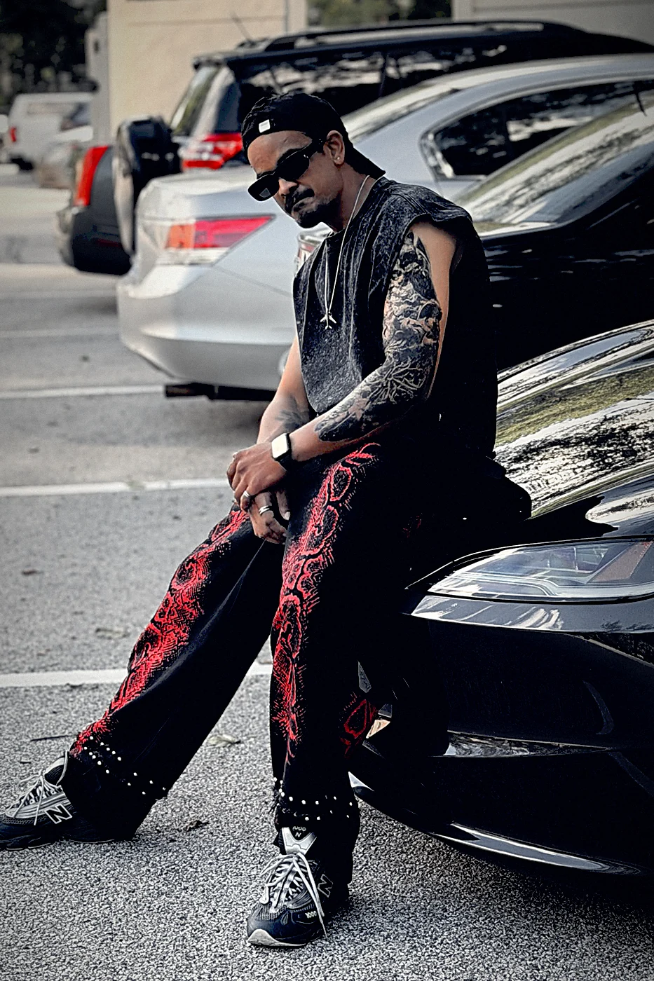 Red Gothic Embroidery Denim worn on the street — gothic streetwear
