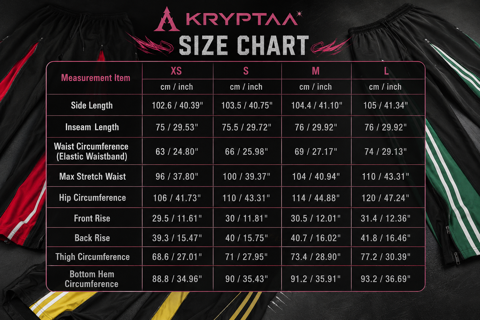Size chart for Women's Streetwear Trousers