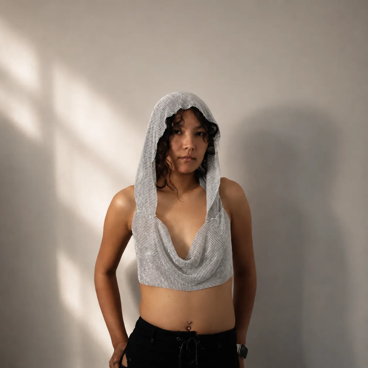 Rhinestone Mesh Hooded Crop